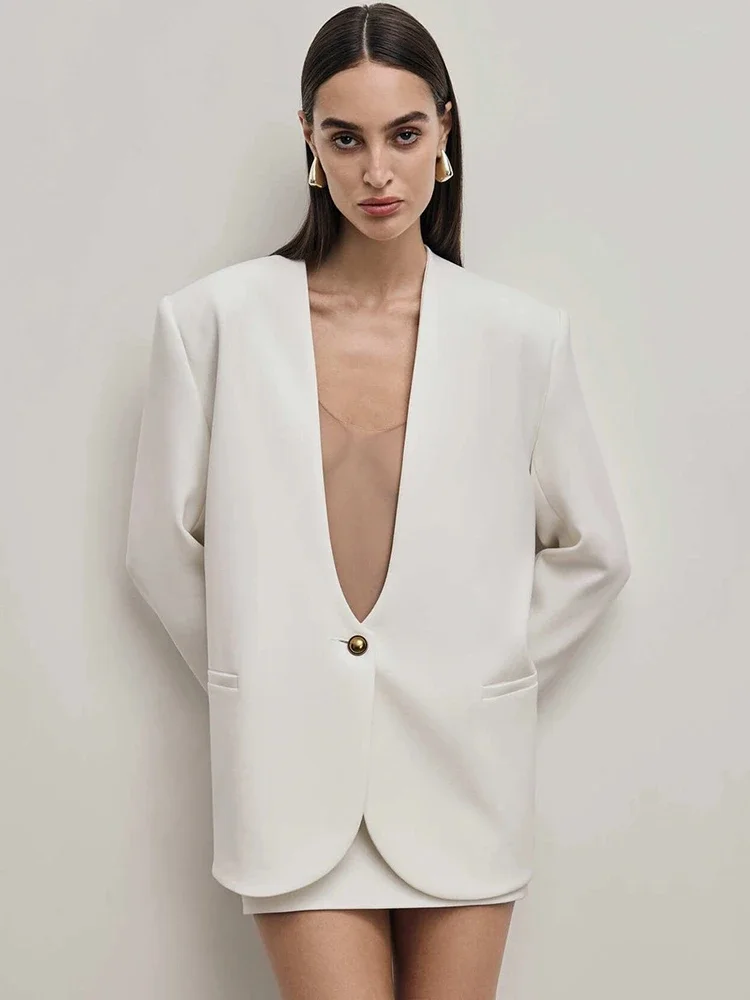 عميق الخامس الرقبة طويلة الأكمام مثير سترة المرأة أنيقة مكتب سيدة أنيقة زر واحد بليزرات جاكيتات معاطف ضئيلة #2