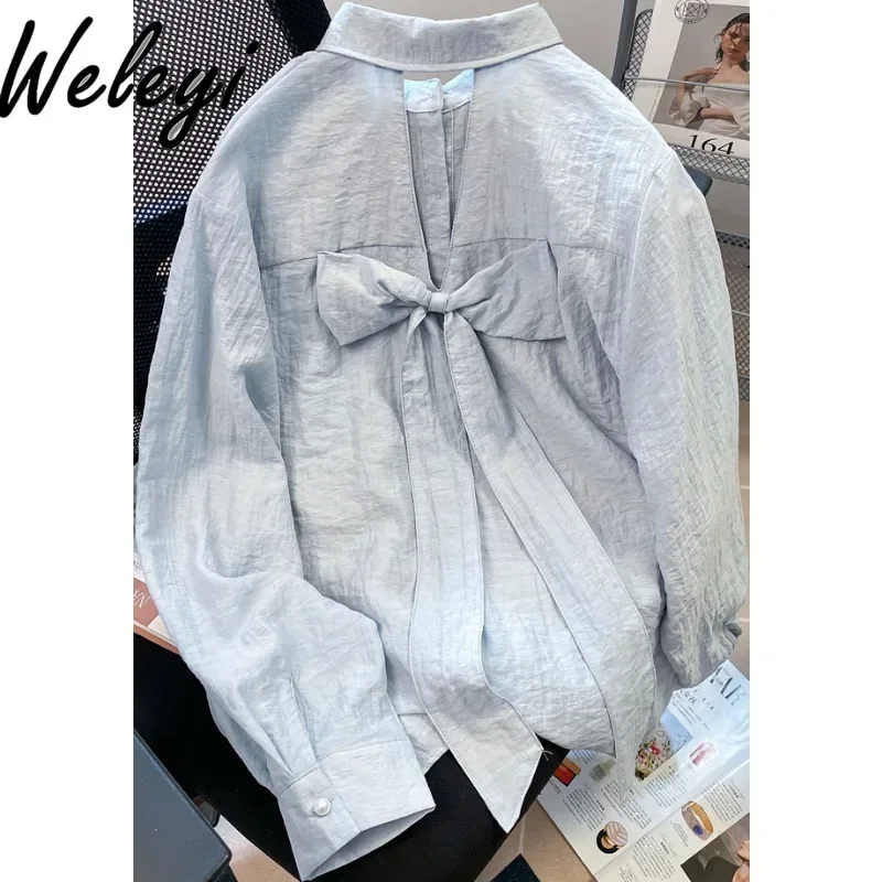 French Style Vintage Back Bow Shirt Poleras Women's Loose Casual Solid Color Sun Proof Blouse Back Hollow Out Long Sleeve Top