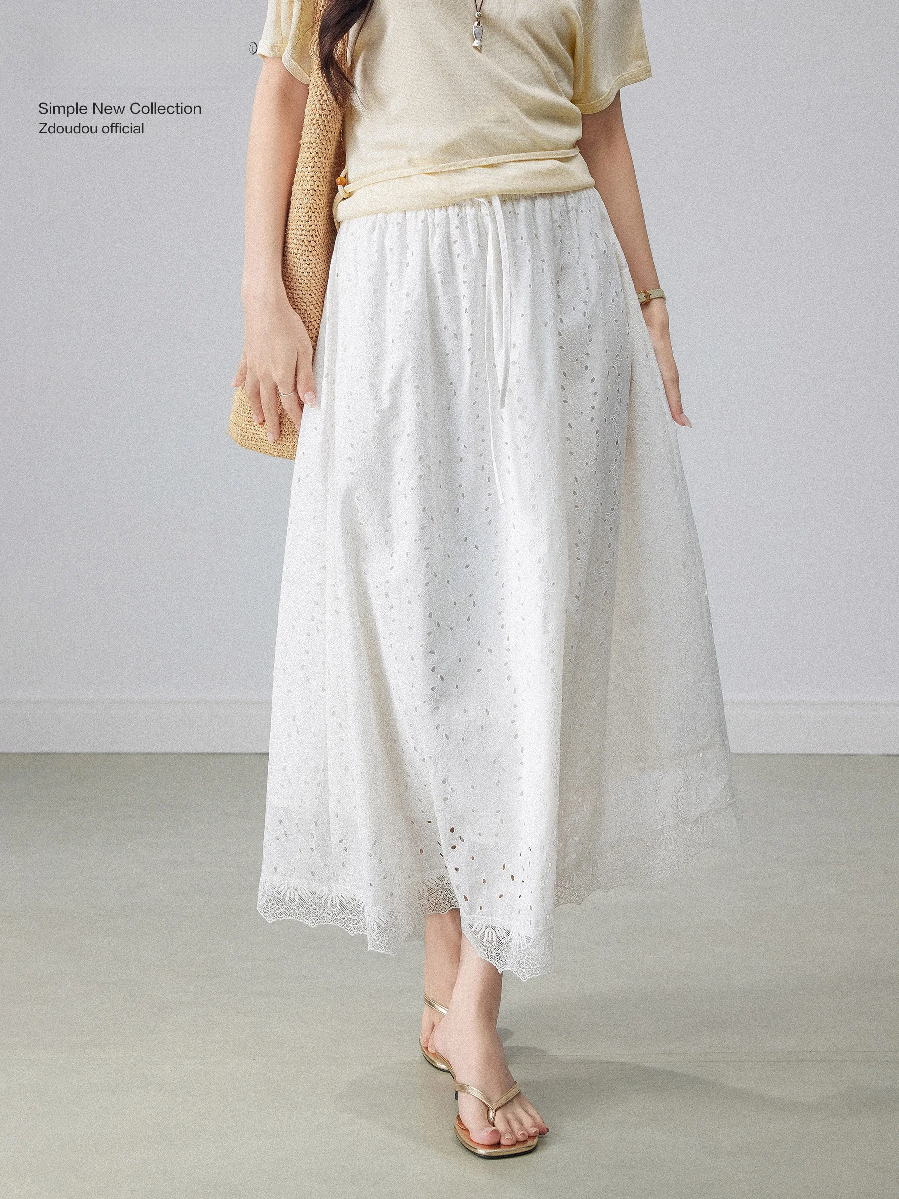 

Белая ажурная юбка миди А-силуэта с высокой талией, свободного кроя, женская, летняя, новинка 2026 года, универсальная, полудлинная, с вырезами