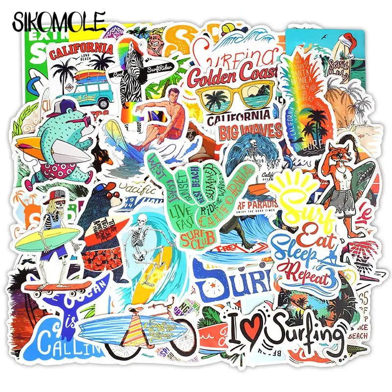 10/30/50pcs Cartoon Outdoor Surfing Stickers Summer Sports Tropical Beach Surfing Surfboard Skateboard Decal Graffiti Sticker F5