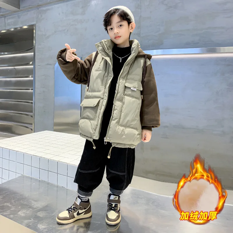 Boys' cotton jacket, Korean version, trendy children's clothing, color blocked cotton jacket, thickened medium and large childre