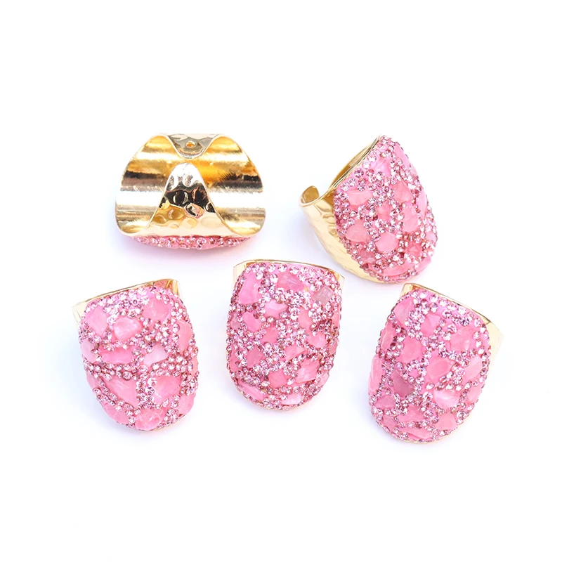 Irregular Rose Quartz Open Ring for Women Girls Gold-color Handmade Micro Inlay Pink Rhinestone Party Wedding Gifts Jewelry