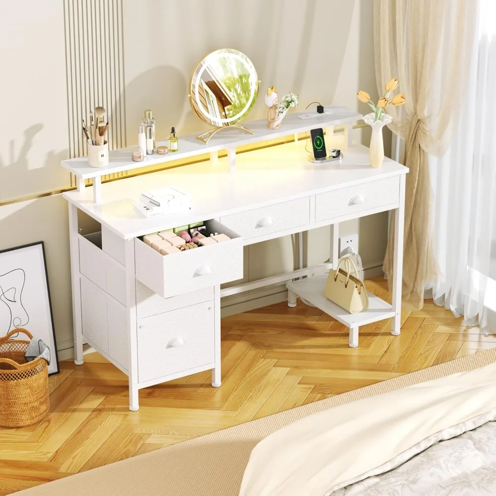 

White Computer Desk with 5 Drawers, 47 Inch Gaming Desk with LED Light and Power Outlet with Monitor Stand