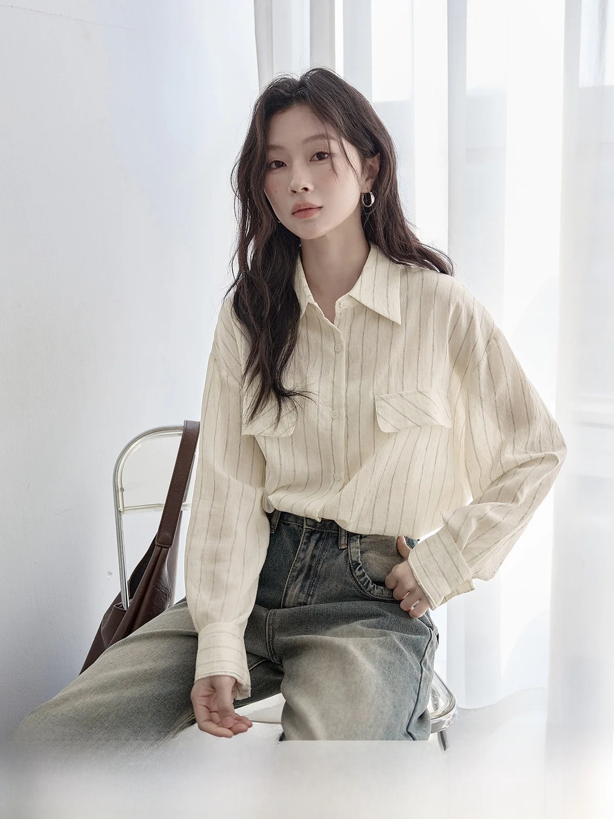 

HuiXi Women's Striped Shirt Light Peach Loose Long Sleeve Spring 2026 Casual Versatile Korean Style Breathable Comfortable