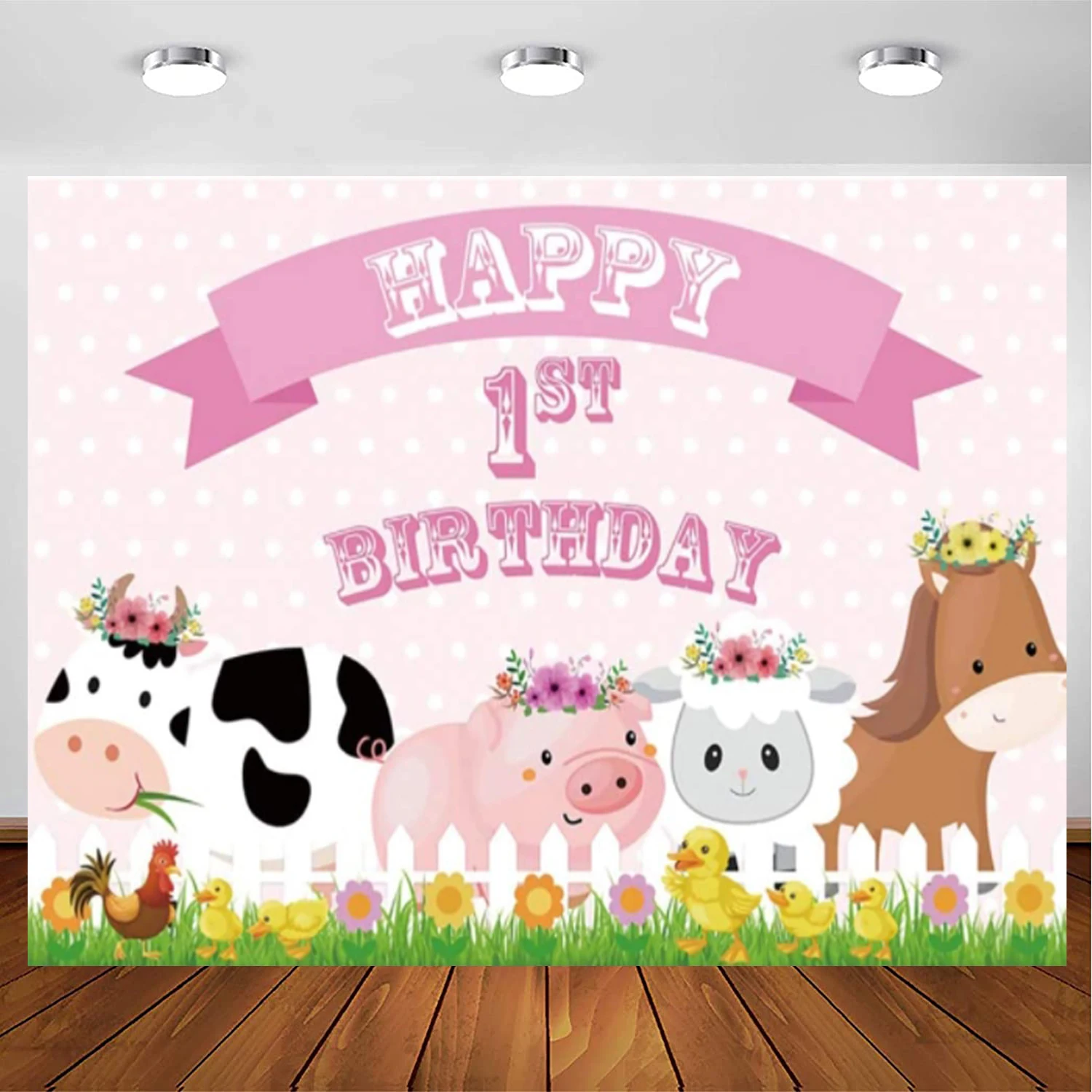 Happy 1st Birthday Photography Backdrop Cartoon Zoo Farm Pig Cow Flowers Background Toddler Infant First Princess Favors Party