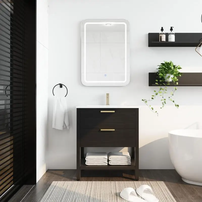 

30-дюймовый туалетный столик для ванной комнаты с раковиной и 2 ящиками с мягкой застежкой, золотая ручка, стильный и функциональный дизайн