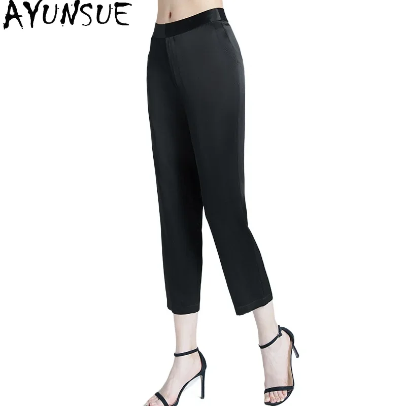 

AYUNSUE 95% Mulberry Silk Women Pants Summer 2024 Old Money Style Trousers Womens Casual Black Pants Womans Clothing Pantalones