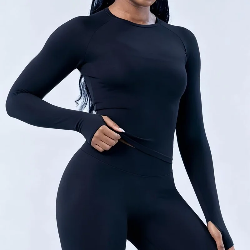 Damen Langarm Yoga-Oberteil mit Rundhalsausschnitt, Raglanärmeln und Daumenlöchern, Slim Fit Cropped Workout-Shirt, Nahtlos Atmungsaktives Sport-Lauf-Gym-Top – Detail 5
