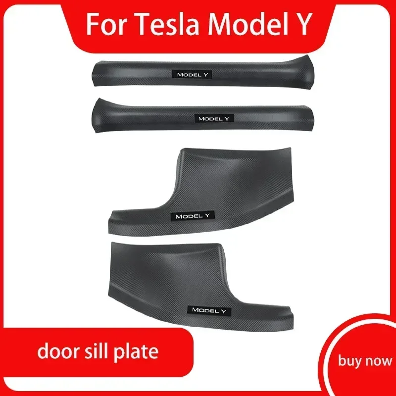 

For Tesla Model Y 2021-2023 Front&Rear Row Built-in Threshold Bar Protection ABS Carbon Fiber Stripe Welcome Pedal Accessory