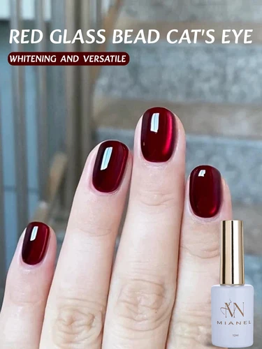 Imagen 2 del producto MIANEL 1-9pcs 12ML Red Ocean Cat Eye Gel Nail Polish 2025 Top Selling Red Color Flash Glass Beads Cat Magnetic Gel Red Nails