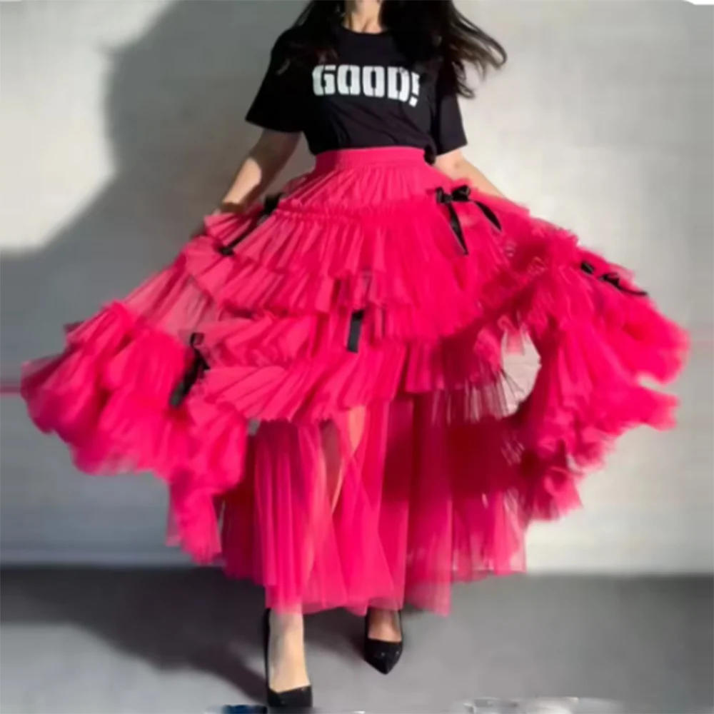 Fuchsia High Low  Skirts Faldas Saia Custom Made Color And Size  Women Long Tiered Tulle  Skirt 2025 New