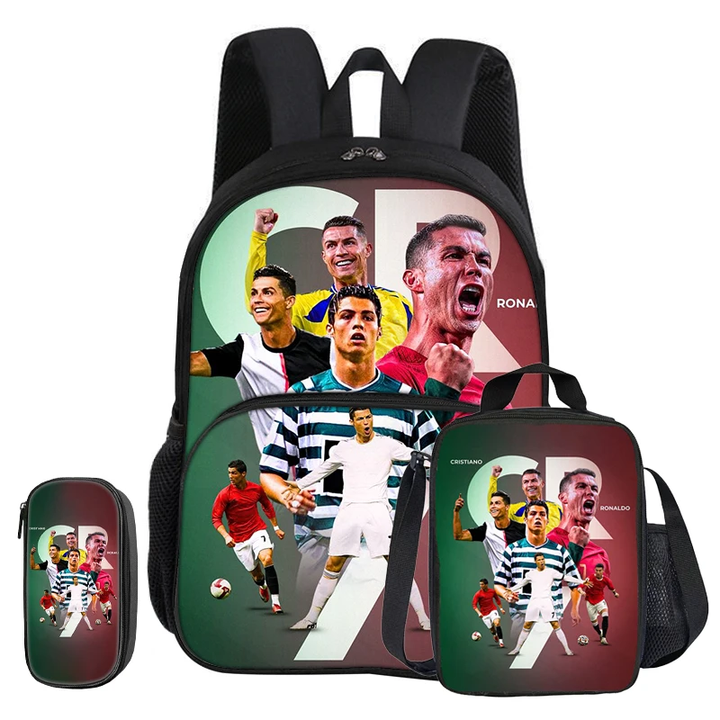 Ronaldo 3 Pcs set with Front Pocket Backpack Football Sport with Thermal Insulated Lunch Tote Purse CR Football Star Pencil Case