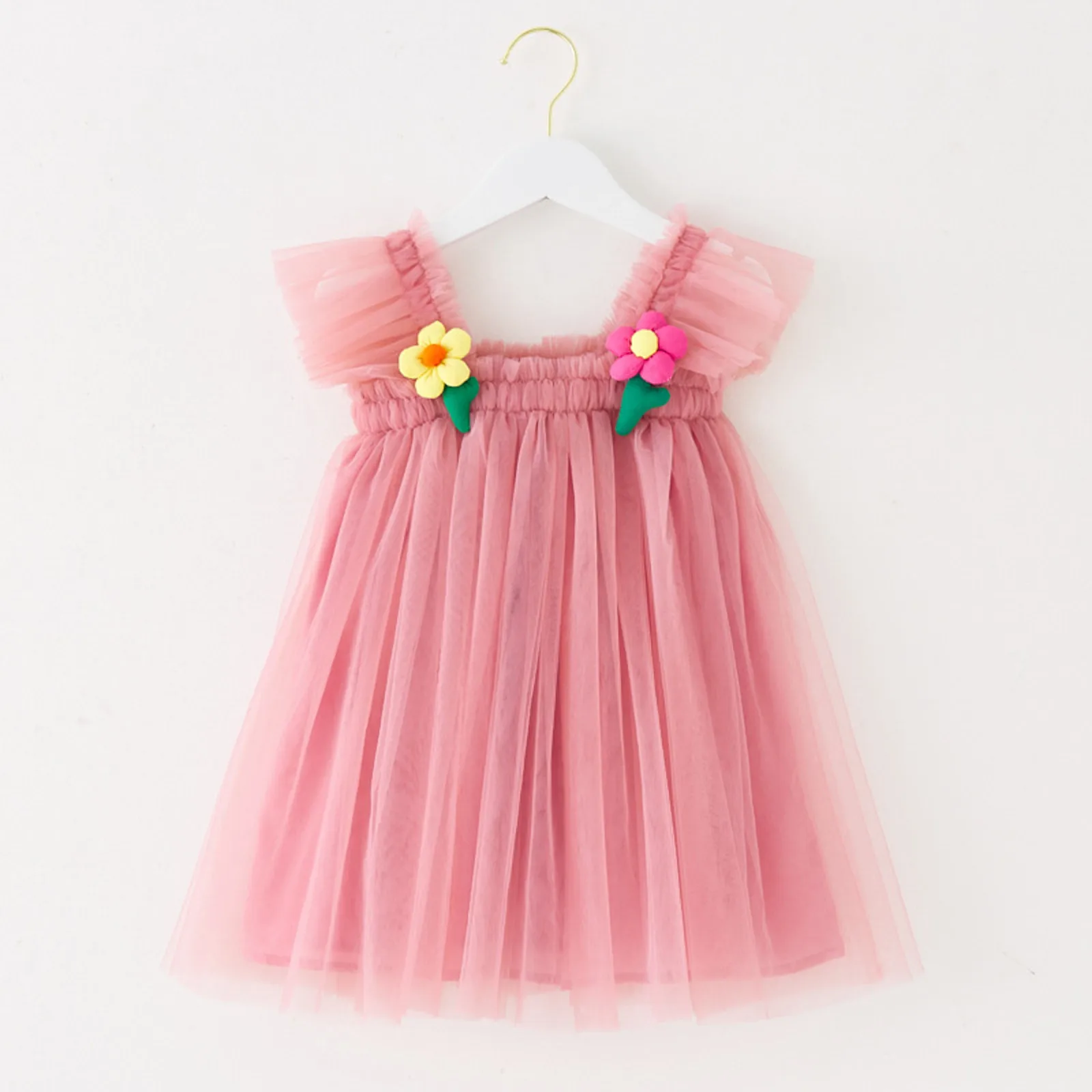 2024 Summer Princess Baby Girls Tulle Dresses Solid Color Decor Flower Party Tutu Dress Children Mesh Puffy Birthday Vestidos