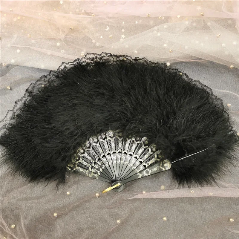 Lolita Marabou Feather Folding Fan  Fairy Girl Gothic Hand Costume  Art Craft Gift  Party Christmas Halloween Wedding Festival