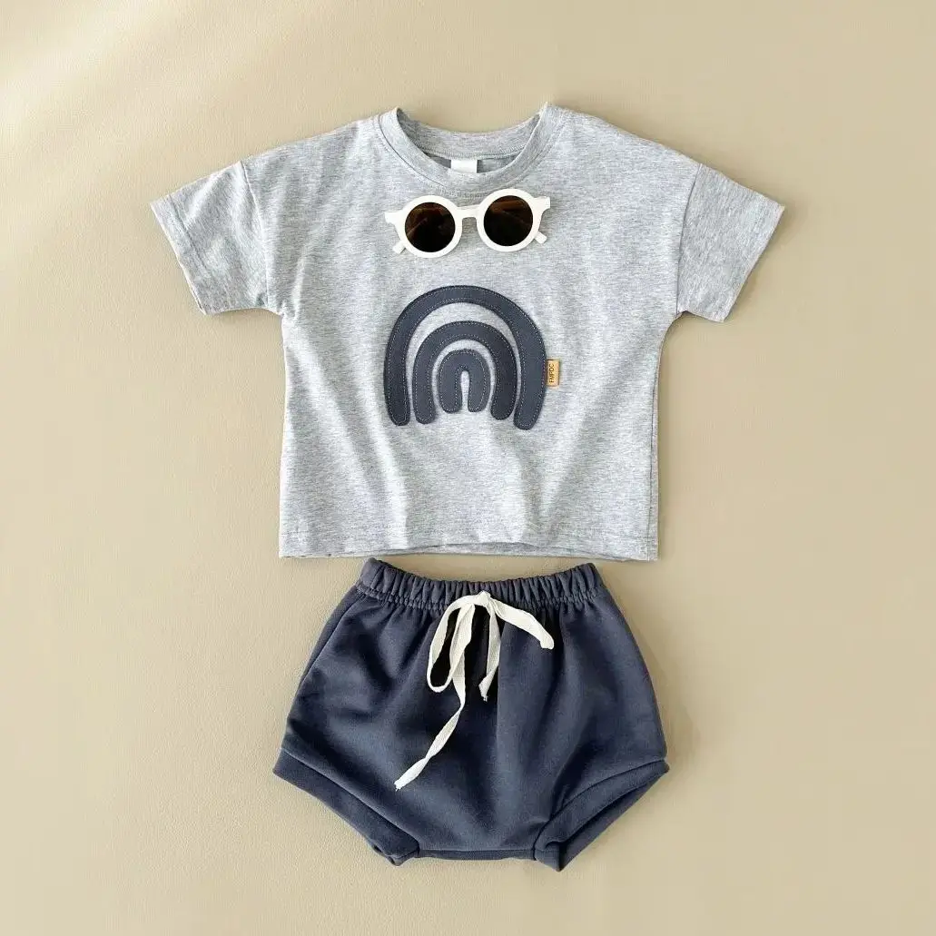 2024 Baby Boys Clothes Set Leisure Vacation Rainbow Patchwork Short Sleeved T-shirt+beach Shorts Children's Casual Suit Girls