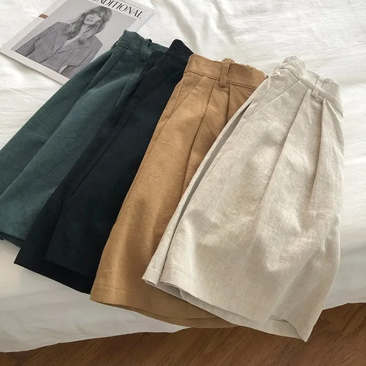 Cotton Linen Shorts Women Streatwear High Waist Wide Leg Shorts Suit Casual 2025 Summer Sport Pleated Female Loose Button Pants