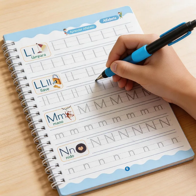 Cuaderno de Práctica de Escritura del Alfabeto Español, Cuaderno de Práctica de Escritura con Ranuras para Letras, Práctica de Lectura y Escritura, Actividad de Práctica de Escritura