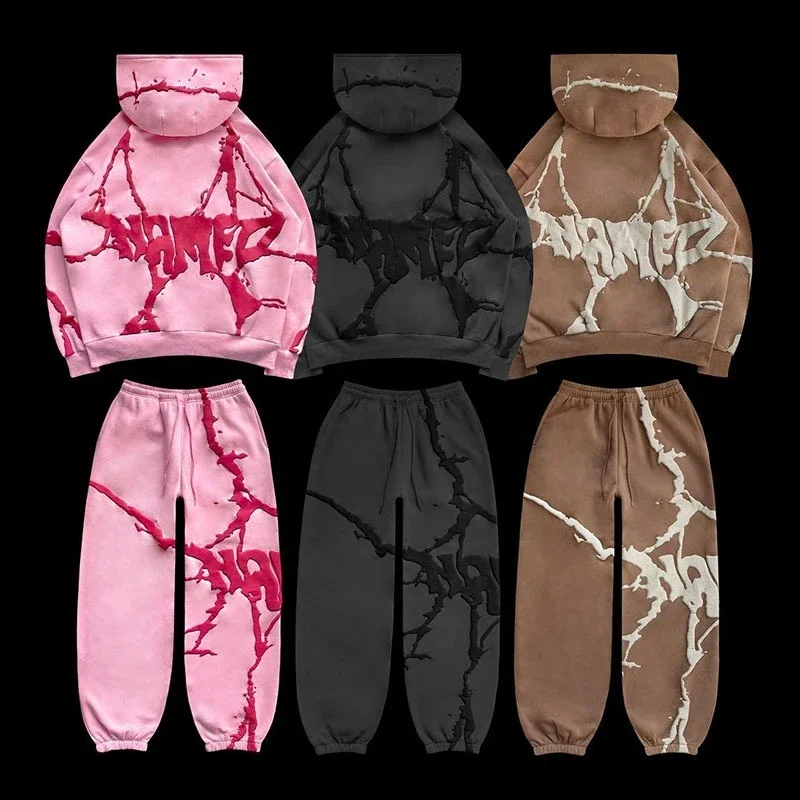 Foam Printing Hoodies Hip Hop Fashion Irregular Pattern Hoodie Pants Set Women Men Y2k Streetwear Skateboard Oversize Sweatshirt