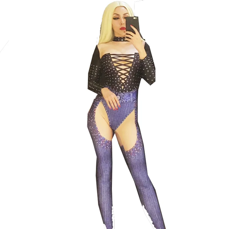 Nowy Czarny Kombinezon Jeansowy z Wzorami Długi Rękaw Kamienie Seksowny Strój Piosenkarki Kostium Urodzinowy Bal Studniówkowy Damskie Ubrania do Tańca