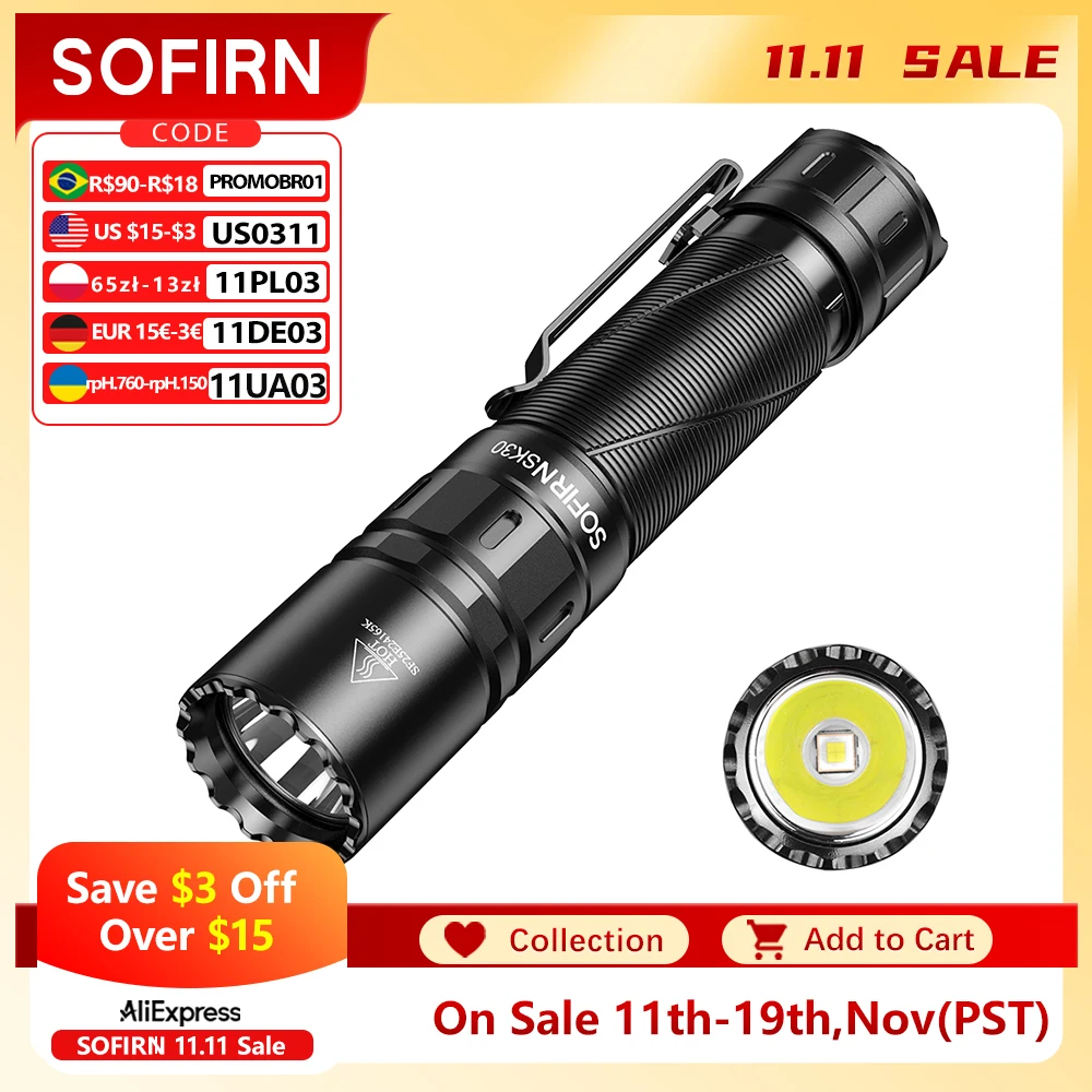 新しい SOFIRN SK30 2800LM 戦術懐中電灯 SFT70 LED ライト 6500K 21700 USB C 充電式トーチダブルスイッチ