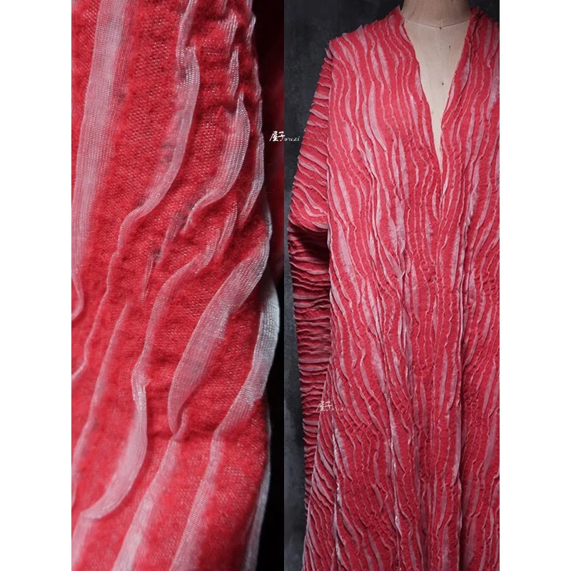 Red Striped Small Sample Texture Special Wool Yarn Jacquard Autumn Handmade DIY Fabric Chinese Style Design Fabric