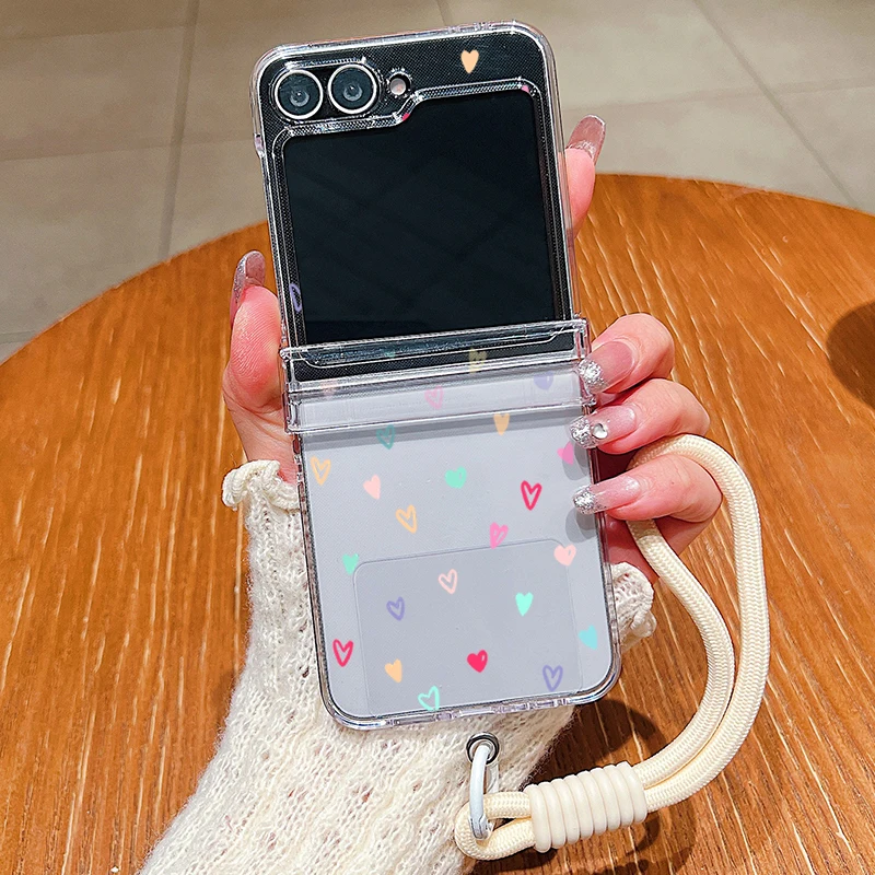 Handgelenkschlaufen-Handyhülle für Samsung Galaxy Z Flip7 Flip6 Flip5 Flip4 Flip 7 FE 6 5 4 3 5G Bunte Herz-Muster PC-Hülle