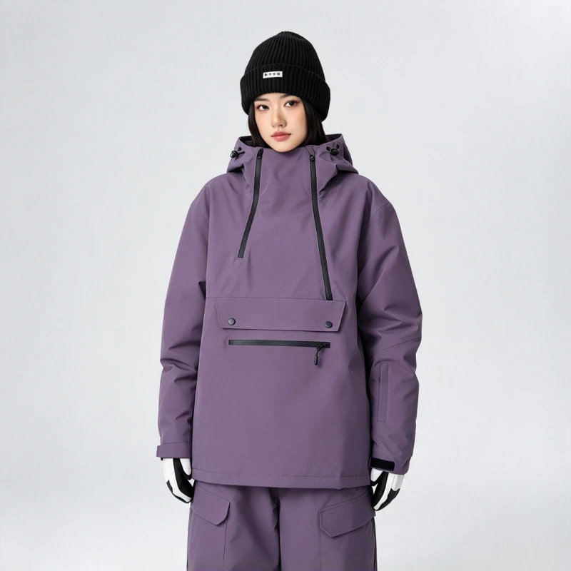 New Women Ski Jacket Pullover Anorak Waterproof Windproof Skiing Top Thermal Insulated Hooded Solid Color Snowboarding Coats Man