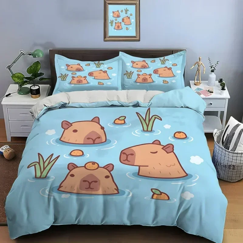 

Cute Cartoon Capybara Print Bedding Set Duvet Cover 1 Duvet Cover 2 Pillowcases Adult and Boys Bedding Set Christmas Gifts