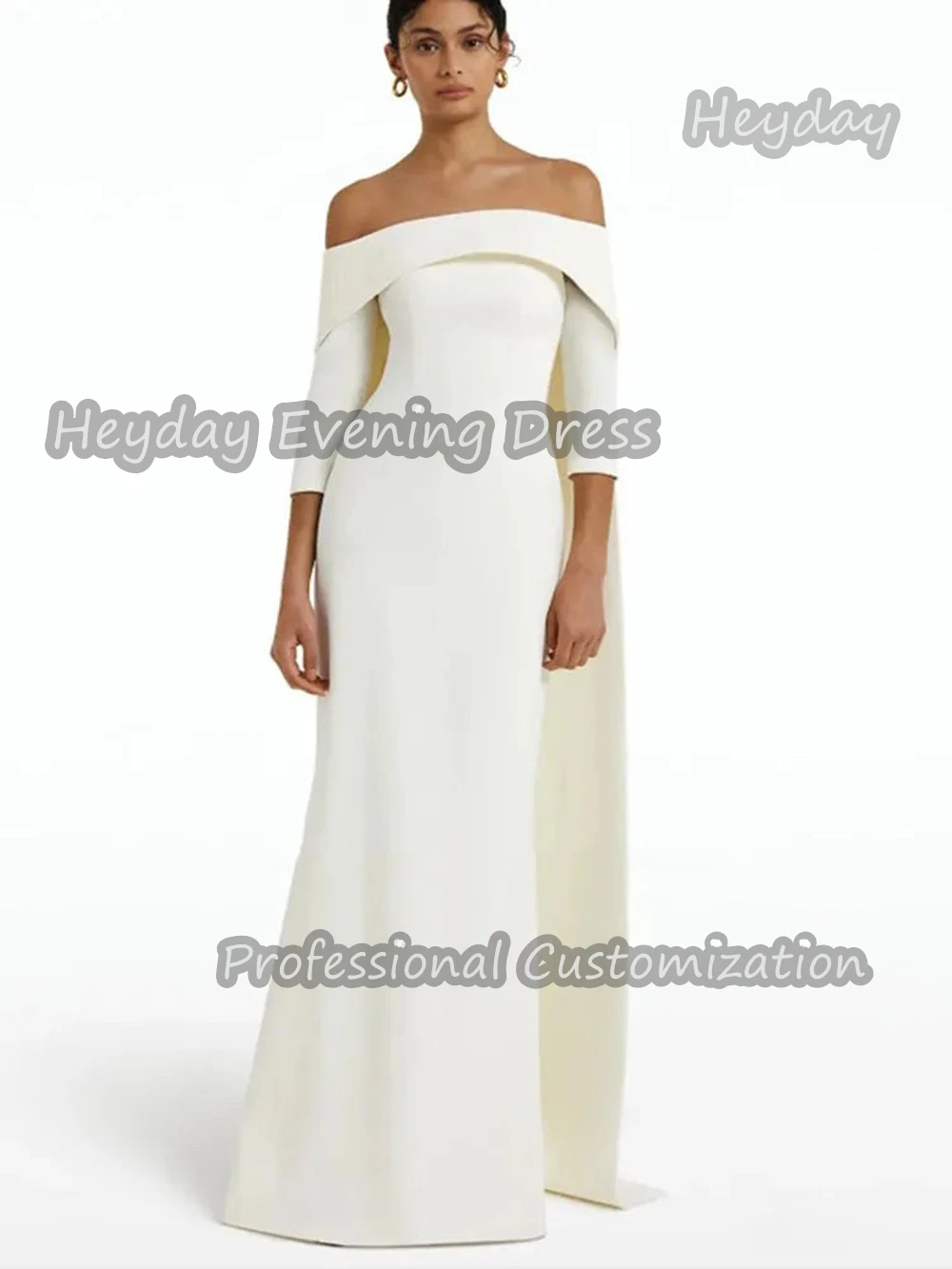 Heyday Off-the-shoulder Saudi Arabia 3/4 Sleeves Mermaid Prom Gown Crepe Floor Length Elegant Evening Party Dress For Women 2024