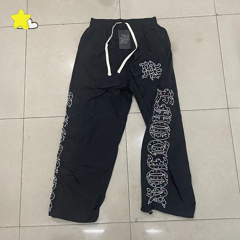 

High Quality Woven Nylon Quick Drying Jogger Drawstring Sweatpants Men Women Colorful Diamond Logo MIXED EMOTION Casual Pants