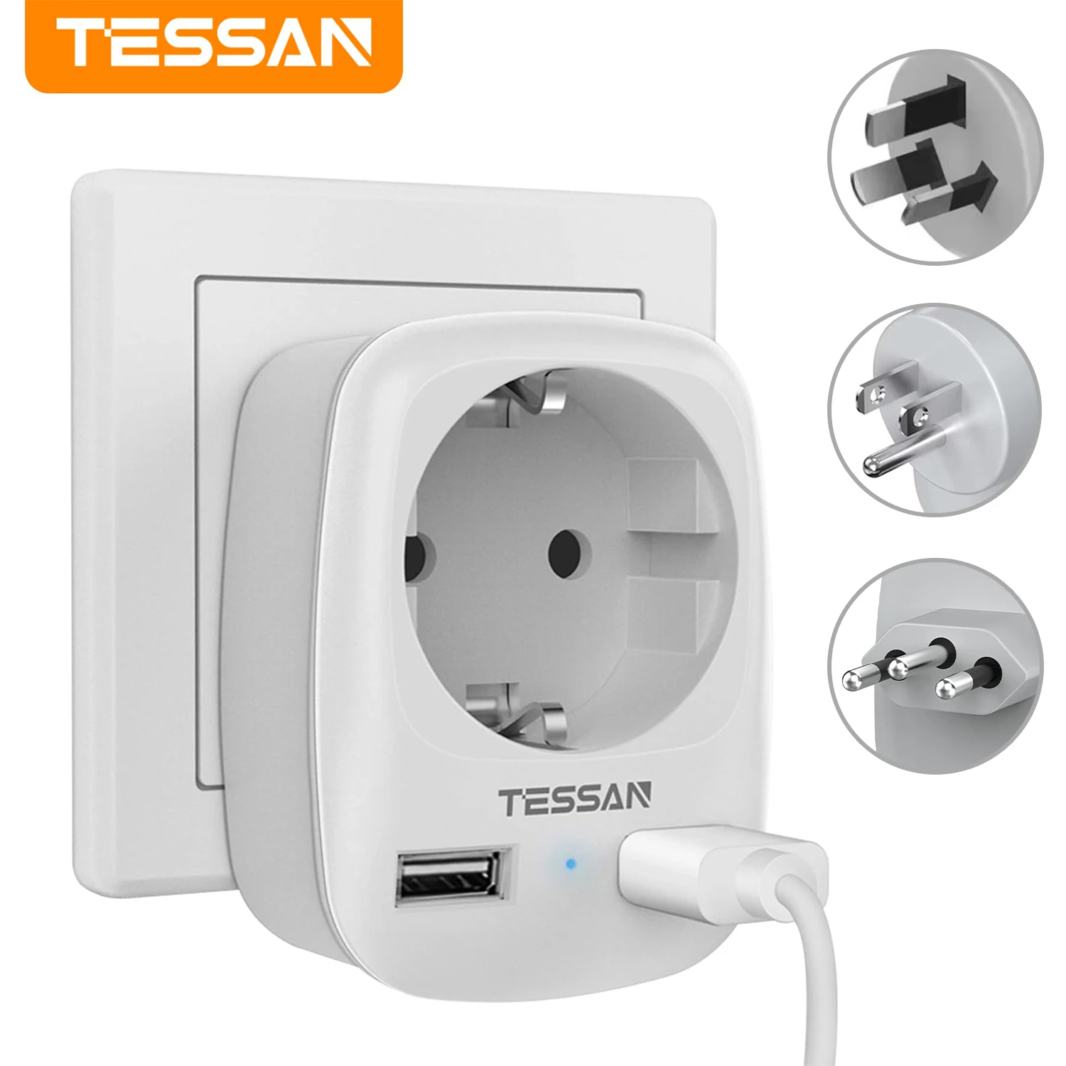 

TESSAN Переходник для путешествий из ЕС–АС, портативная настенная розетка с 1 розеткой, 2 USB-портами, дорожная вилка типа I C, розетка-адаптер AU/USA/Brazil