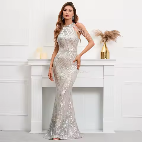 YIDINGZS Elegant Off Shoulder Silver Sequin Evening Dress Women New Party Maxi Dress Long Prom Dress 18126