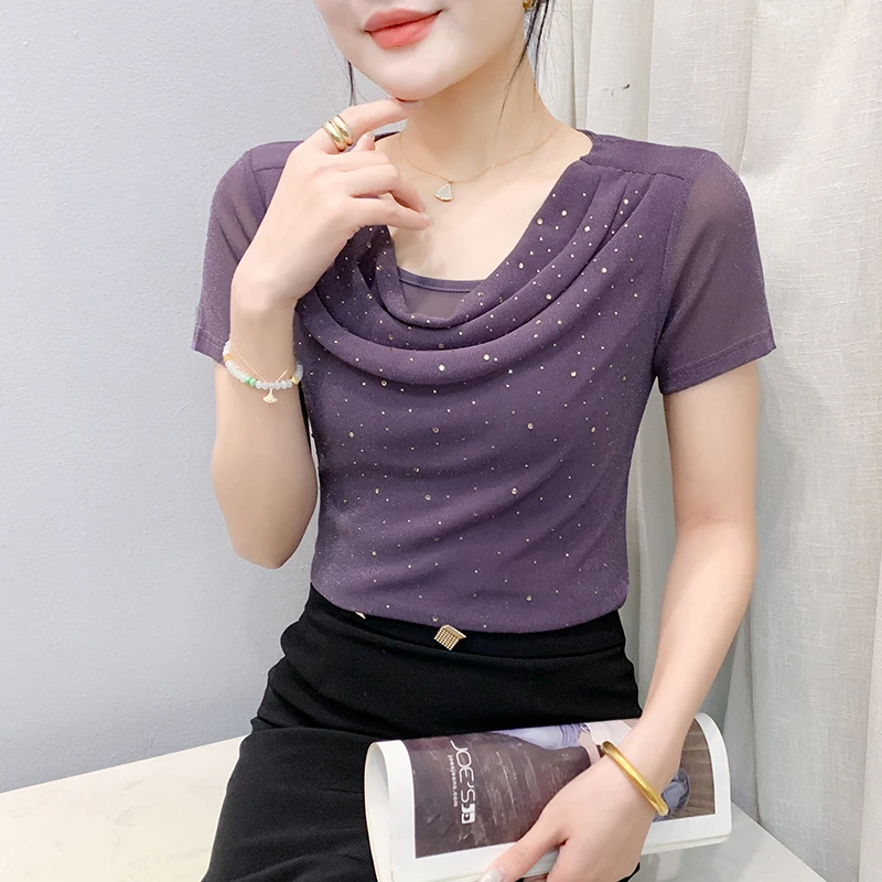 MadBlack – europäisches Damen-T-Shirt, sexy O-Ausschnitt, Diamant, Streetwear, kurzärmelig, schmales S-3XL-Mesh-T-Shirt, 2025, Sommer, neu, T53803CC