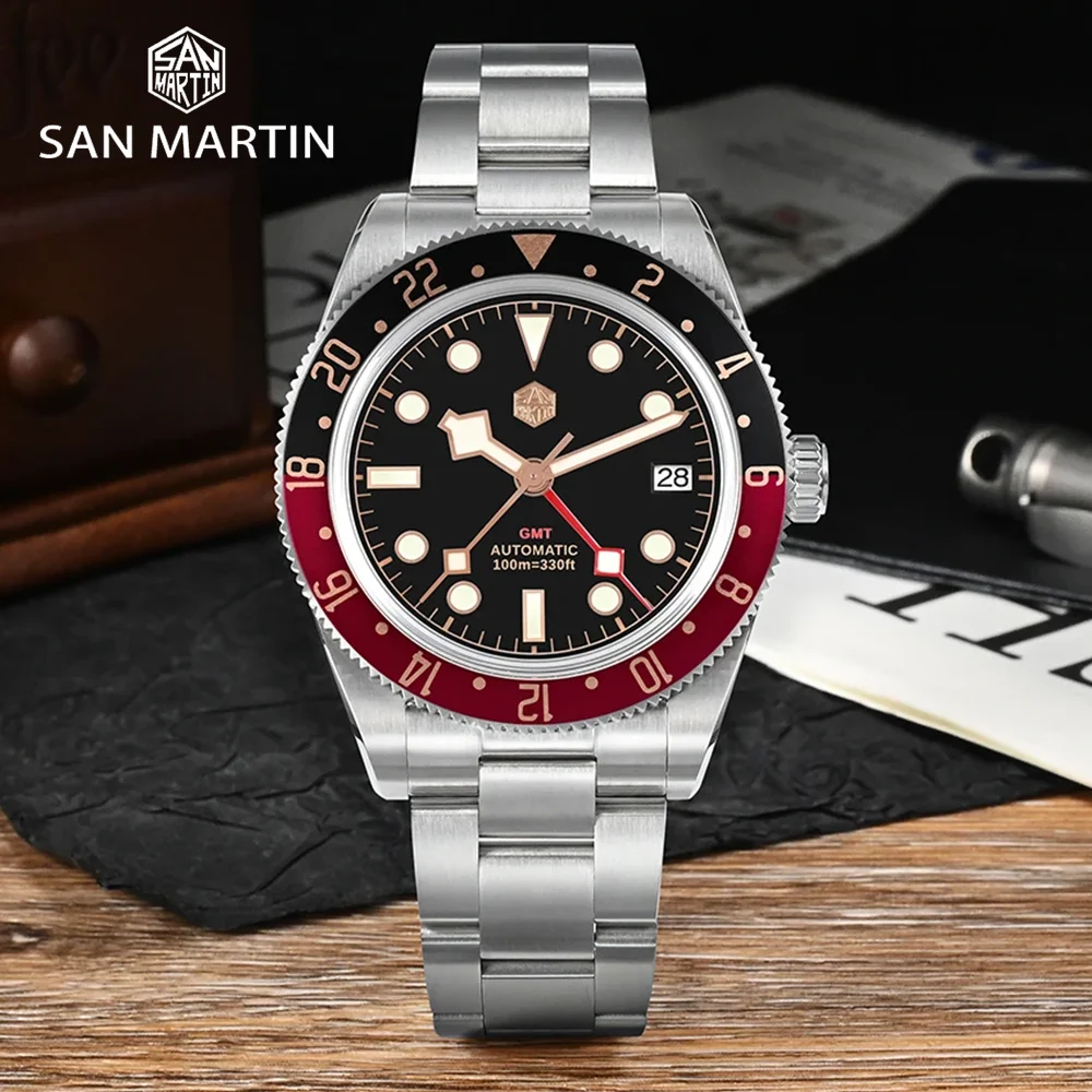 San Martin Original 39mm Classic Retro Mens GMT Automatic Mechanical Watch Luxury Sapphire NH34  3H Date Waterproof 100m Watches