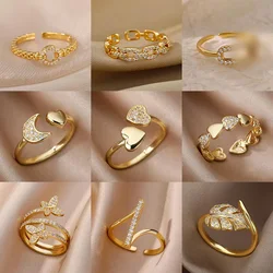 Zircon Heart Rings For Women Stainless Steel Gold Color Geometric Open Finger Ring Fashion Wedding Aesthetic Jewelry Gift