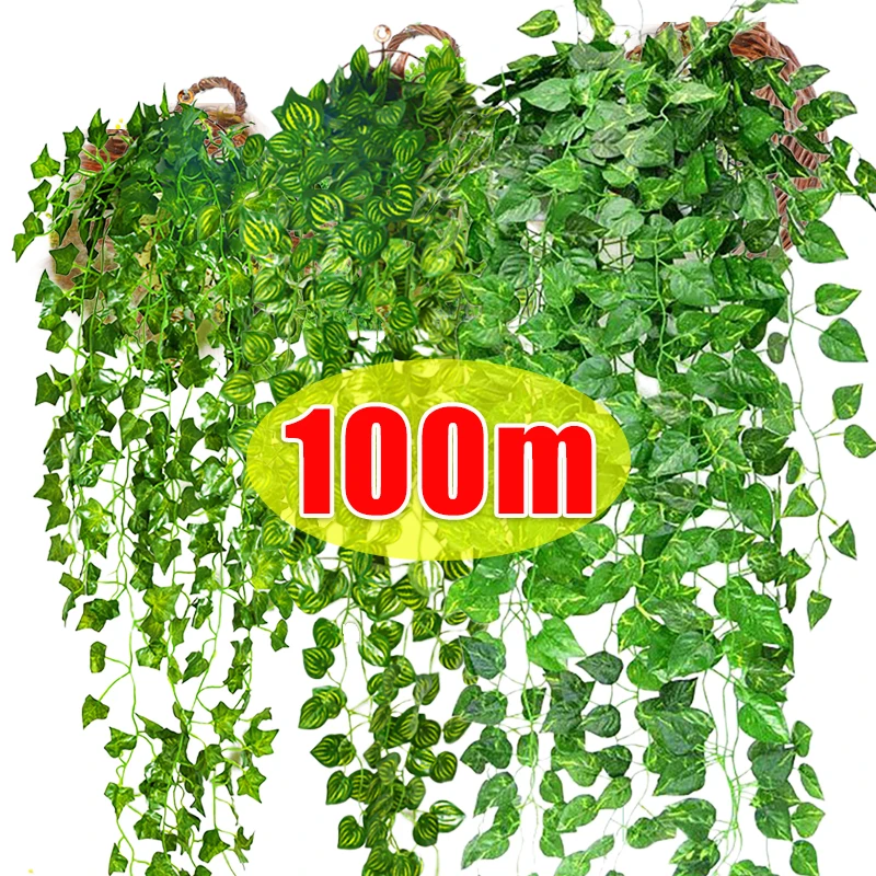 100/2M Artificial Plant Green Ivy Leaf Garland Creeper Hanging Vine Home Outdoor Garden Decoration Wedding Party DIY Fake Leaves