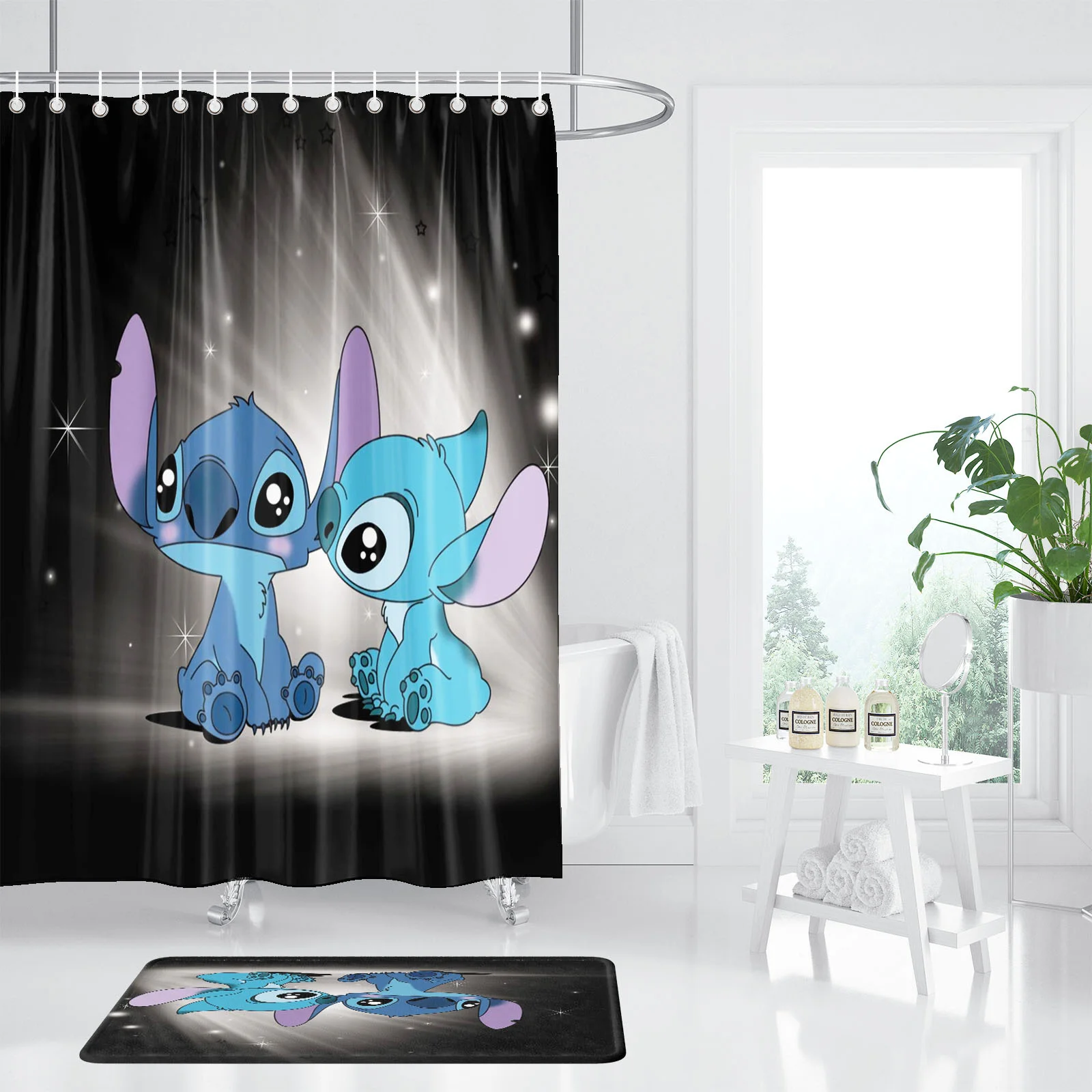 Stitch Anime Home 100% Polyester Bathroom Accessories 4 Piece Set Mats And Shower Curtain  Curtains Sets Luxury Waterproof