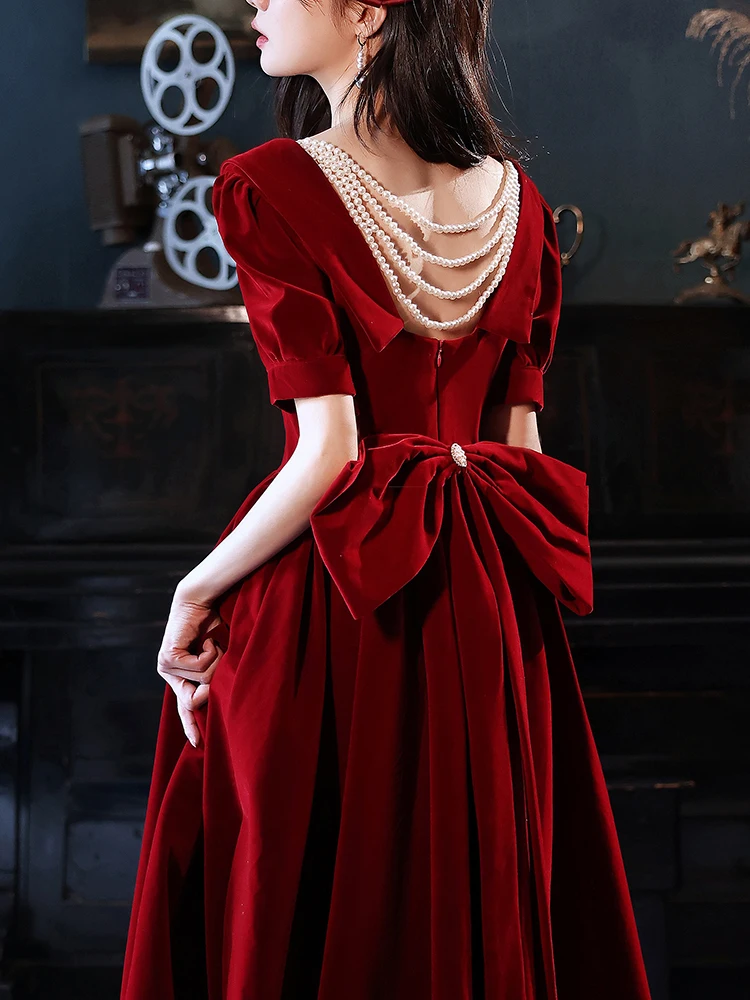 

Red Wedding Dr Women's Engagement Par Long Skirt Velvet Material Korean Sle ort Sve Pearl Embellied Formal Dr