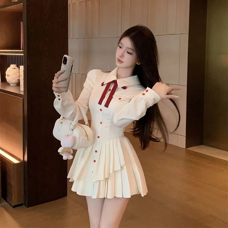 فستان قصير بفيونكة حلوة للنساء للخريف بأكمام طويلة فساتين غير منتظمة بطيات مرقعة كاواي بأزرار بريبي بقصة ضيقة فساتين للطلاب #3