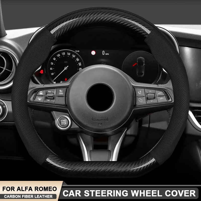 

Car Carbon Fiber Leather Steering Wheel Cover For Alfa Romeo Giulia Stelvio Giulietta 147 156 159 166 4C 8C Mito Sportiva Tonale