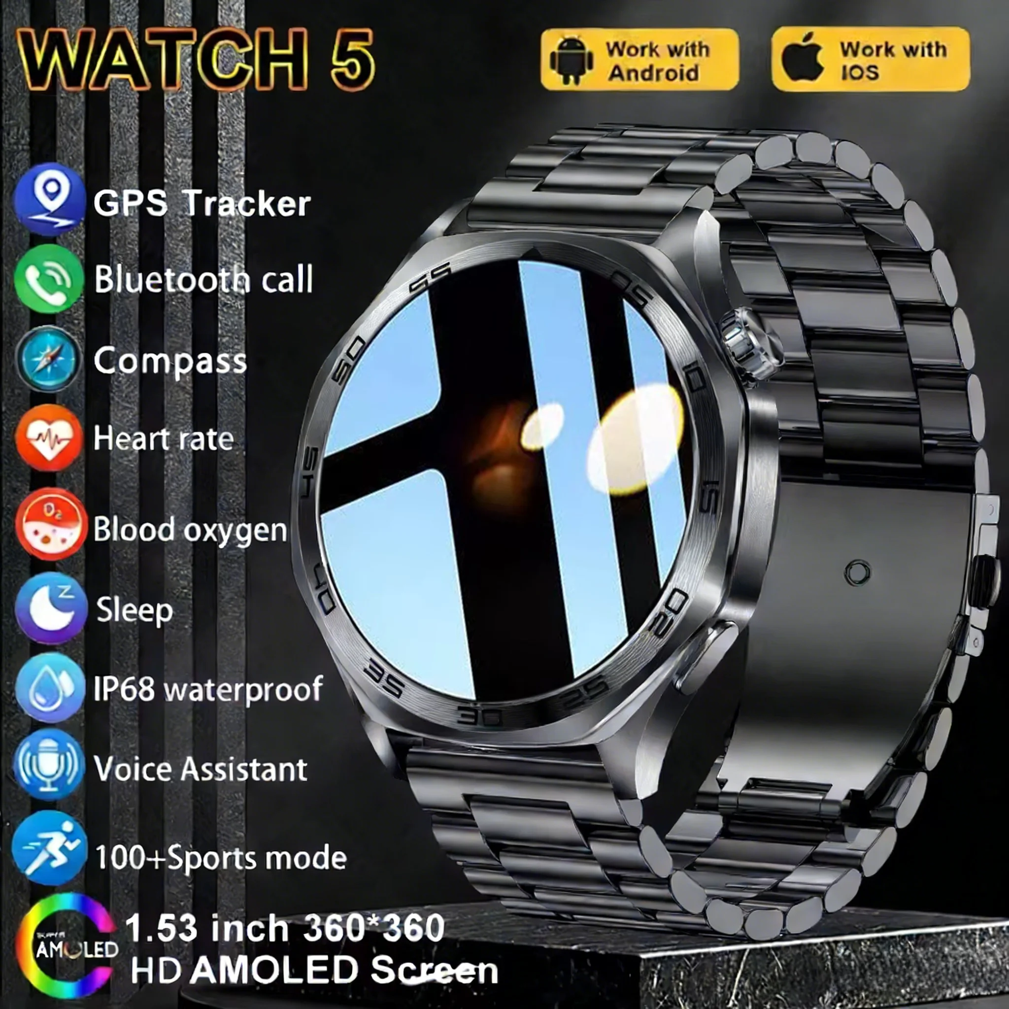 

2025 New Outdoor Watch 5 Smartwatch Mens HD AMOLED screen Heart Rate Bluetooth Talk IP68 Waterproof Mens Smartwatch for Android