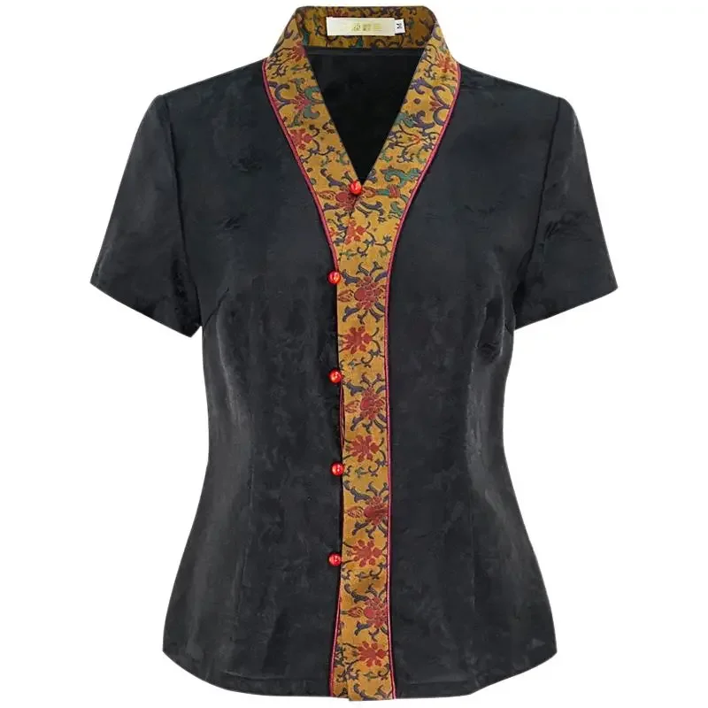 Chinese Style Women Summer Imitation Xiangyunsha Qipao Top V Neck Short Sleeve Improved Cardigan Slim Retro Tang Suit S-XXL view 6