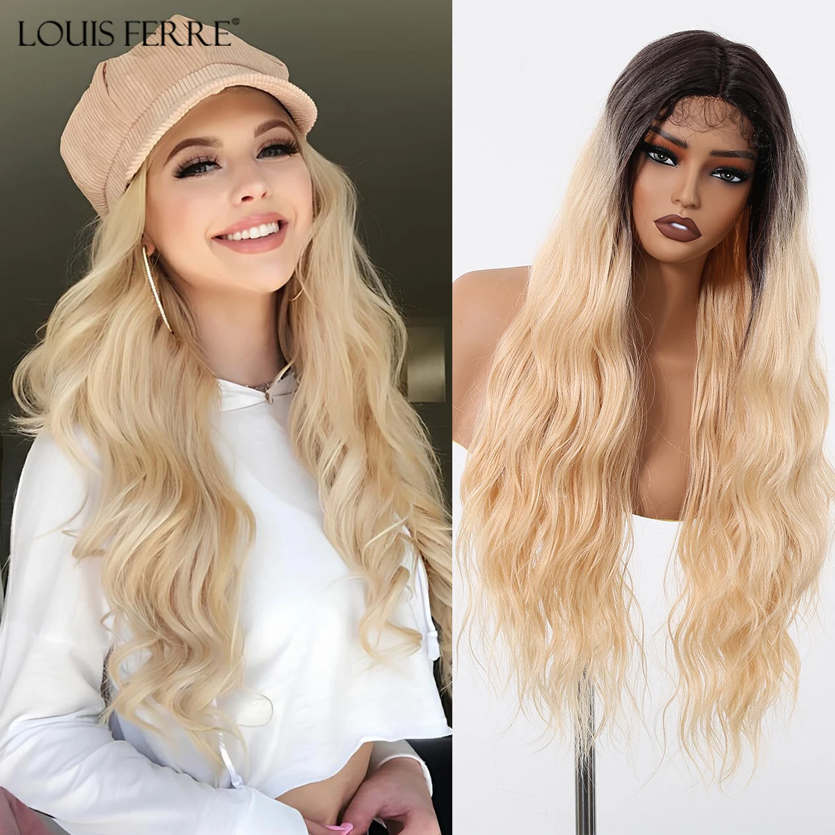 LOUIS FERRE Long Wavy Black to Blonde Ombre Synthetic Wigs for Women 13*1 T Part Lace Front Wigs for Afro Women Middle Part Wig