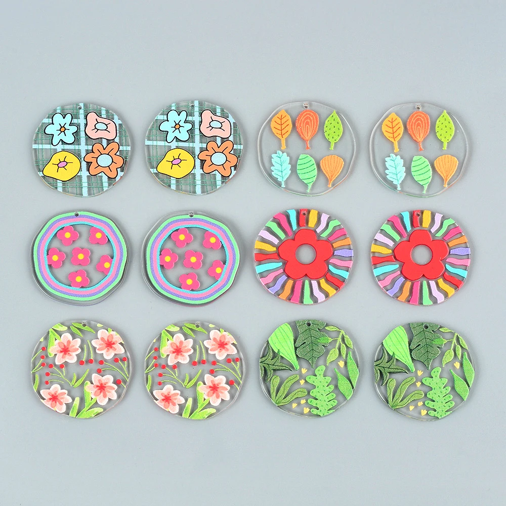 6pcs Transparent  Acrylic Colorful Flower Plant Pattern Pendant Necklace For Women Earrings Pendant Necklaces Diy Gifts Jewelry