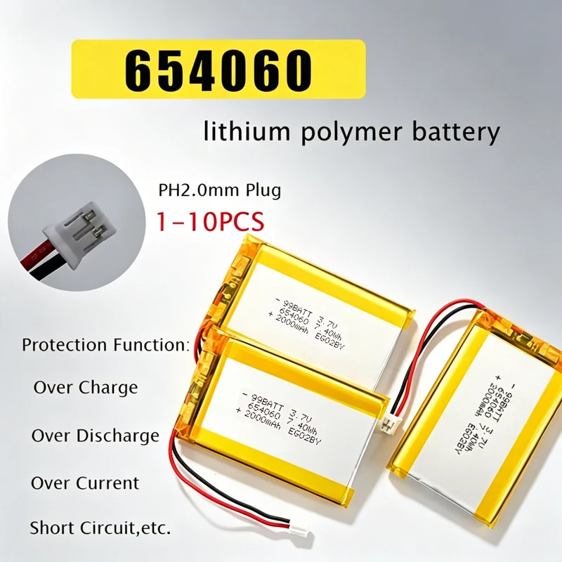 3.7V 2000Mah 654060 Li-Ion Li-Polymer Rechargeable Li Po Battery for LED Light,MP3,MP4,electric Toys,Bluetooth Headphones,GPS