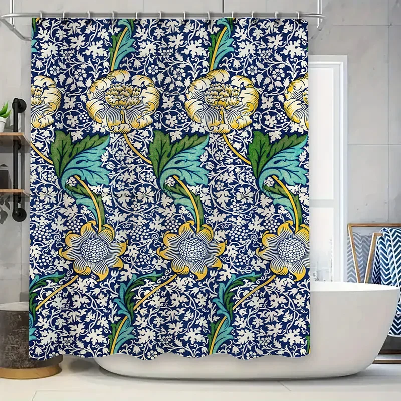 

Decorative Blue Floral Bath Shower Curtain with Golden Accents for Bathroom Decorations
