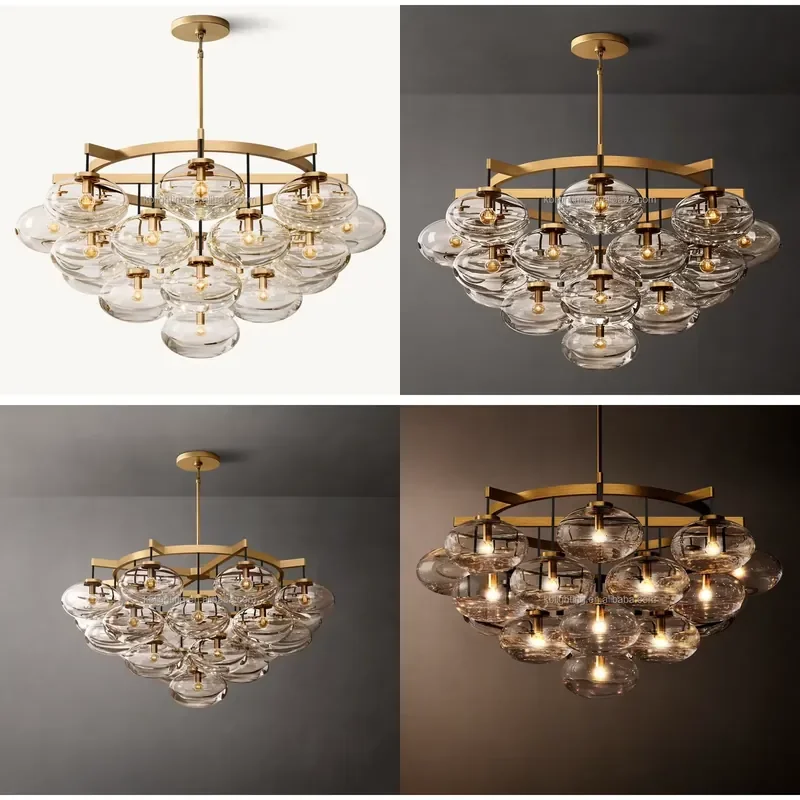 American Design Blown Glass Round Chandelier 48'' Antique Style Brass Spherical Bubble Glass Chandelier for Living Room