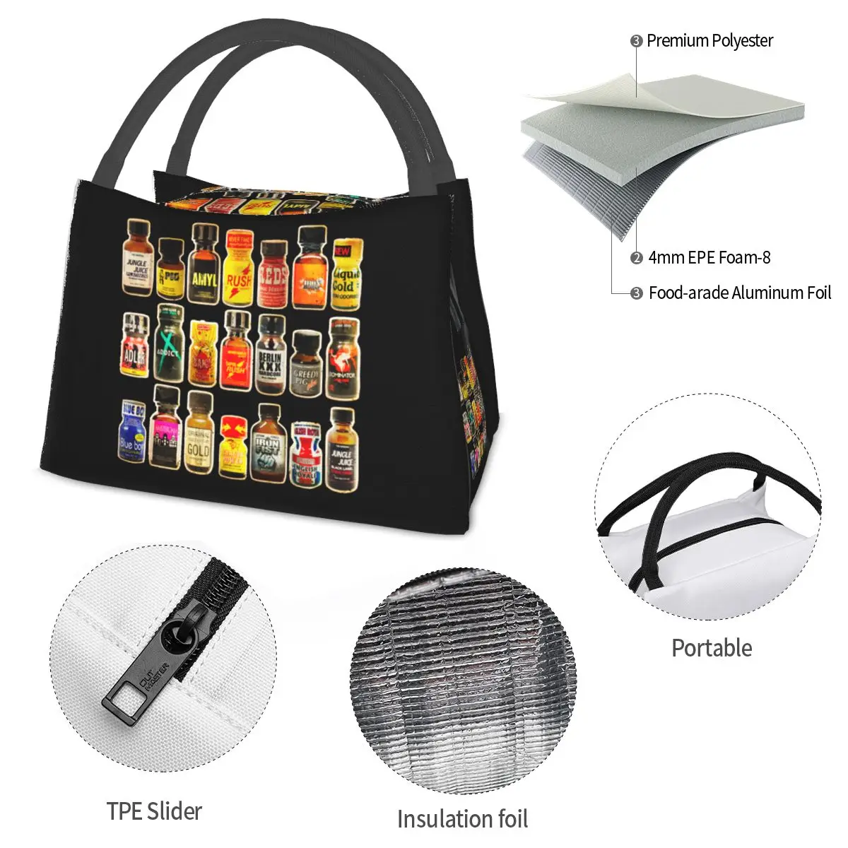 Poppers Bottles Gay Rush Jungle Juice Amyl Inhaler Insulated Lunch Bag for Women Kids Food Boxes Thermal Lunch Box Tote view 6