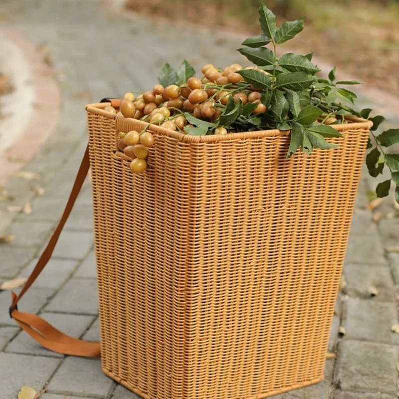 

Large Storage Basket Imitation Rattan Vegetable Organizer Tea Picking Market Gathering Backpack Shoulder Strap Storage Bucket