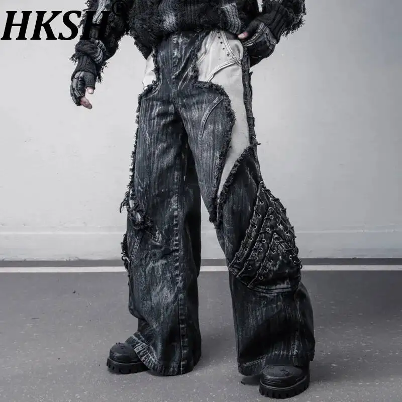 HKSH Spring Autumn New Men Waste Land Dark Style Heavy Retro Dirty-Dyed Patchwork Frayed Edge Jeans Techwear Denim Pants HK13386
